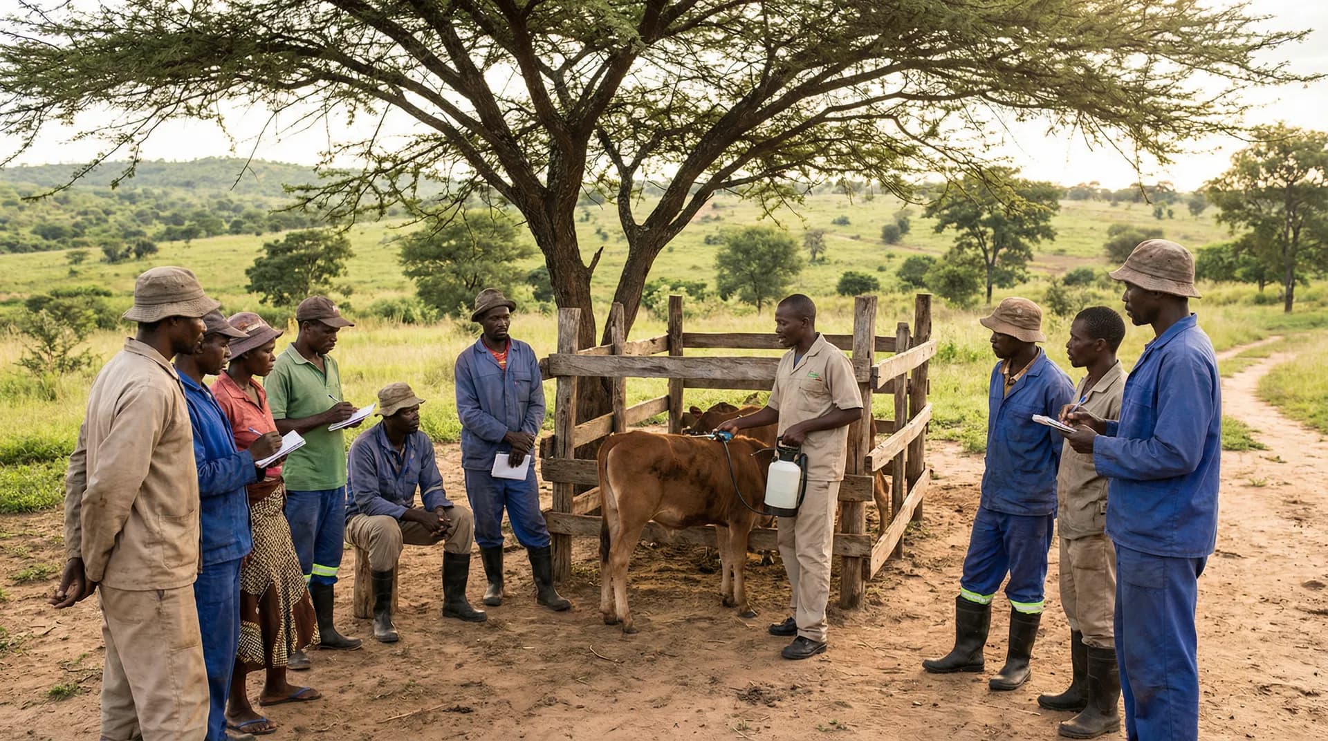 Zambian farmer reviewing livestock health resources in the field