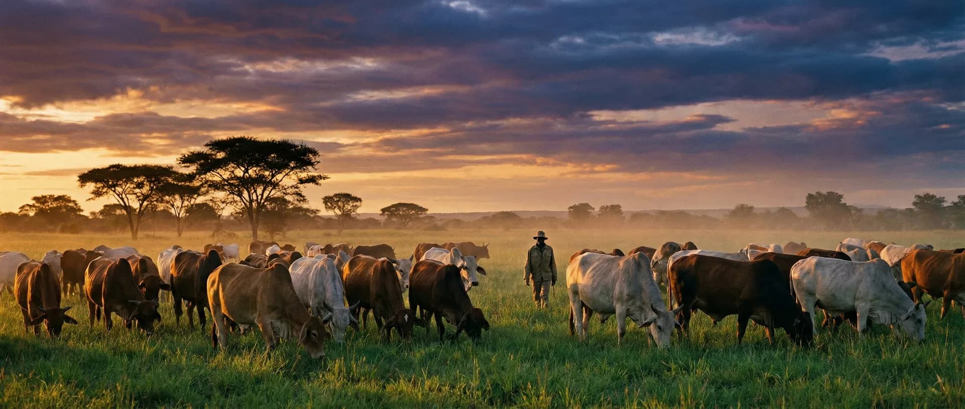 Cattle herd on a Zambian farm at golden hour