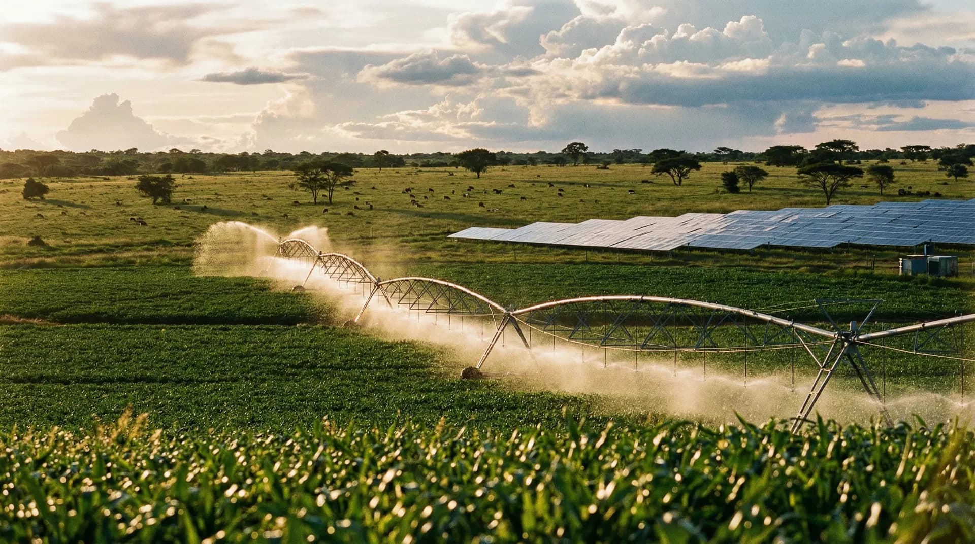Zambian farm landscape with livestock and irrigation