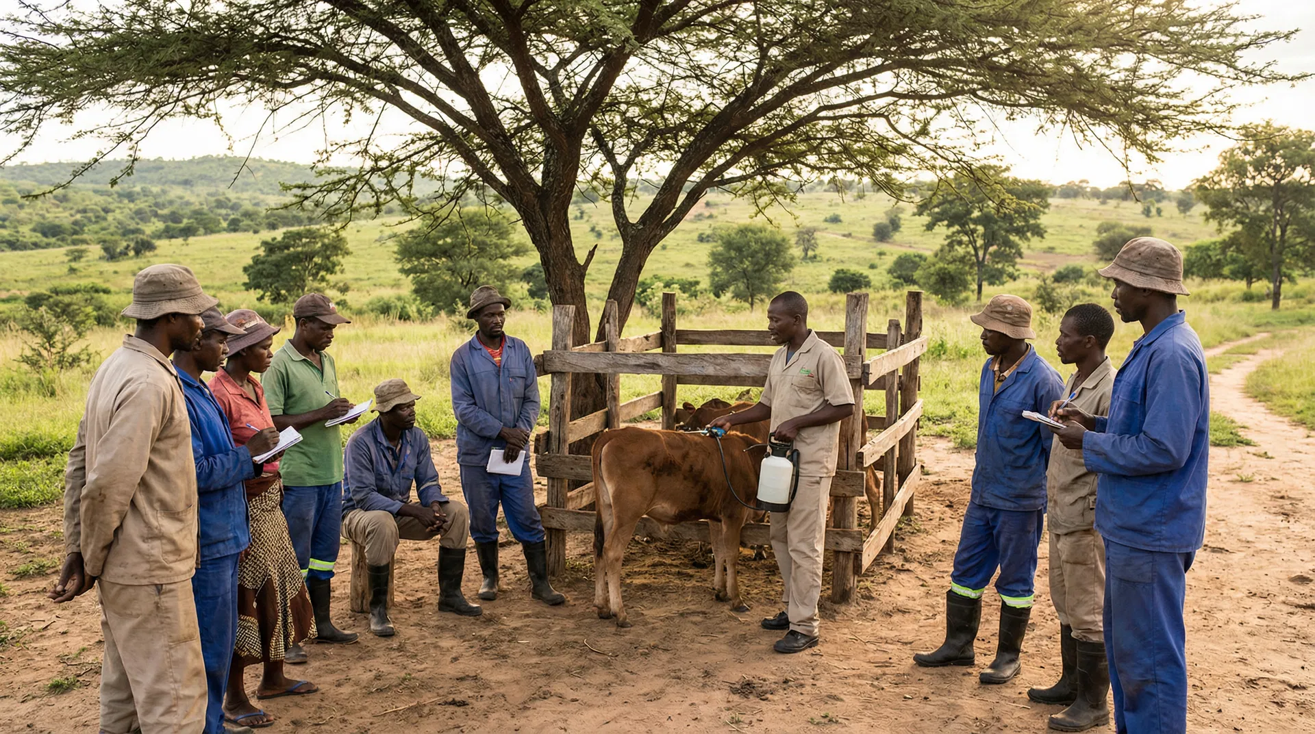 Zambian farmer reviewing livestock health resources in the field